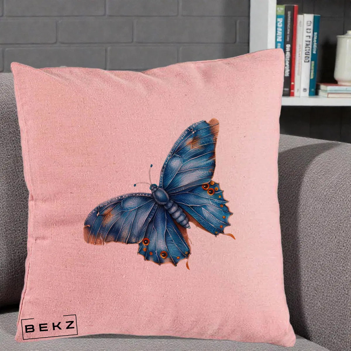 Perna Decorativa Fluture Albastru Satin cu Pete Aurii, 40x40 cm, Roz, Husa Detasabila, Perna, BEKZ®