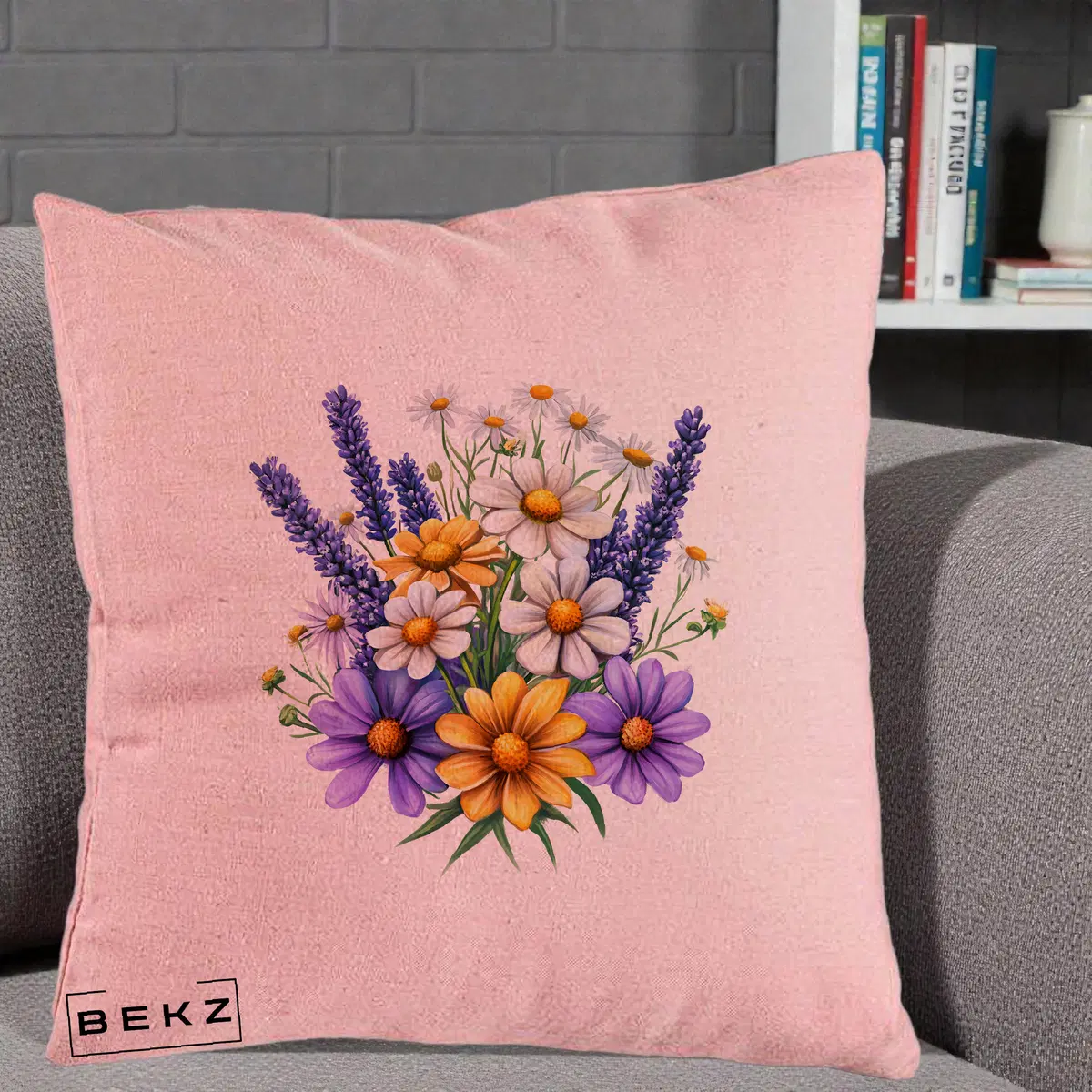 Perna Decorativa Lavanda Musetel si Flori Mov, 40x40 cm, Roz, Husa Detasabila, Perna, BEKZ®