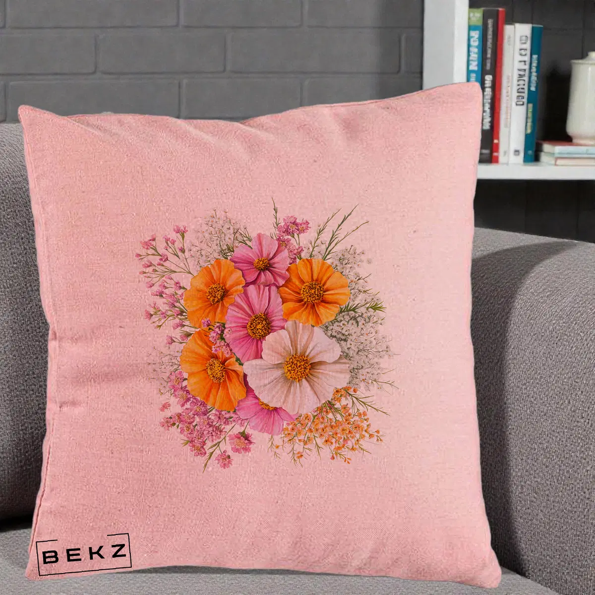 Perna Decorativa Buchet Cosmos Portocaliu Roz si Alb, 40x40 cm, Roz, Husa Detasabila, Perna, BEKZ®