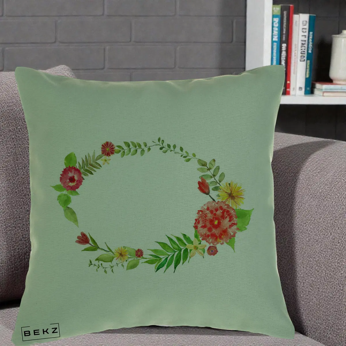 Perna Decorativa Coroana Florala Acuarela, 40x40 cm, Verde, Husa Detasabila, Perna, BEKZ®