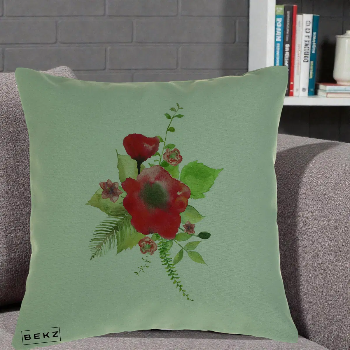 Perna Decorativa Buchet Rosu Acuarela, 40x40 cm, Verde, Husa Detasabila, Perna, BEKZ®