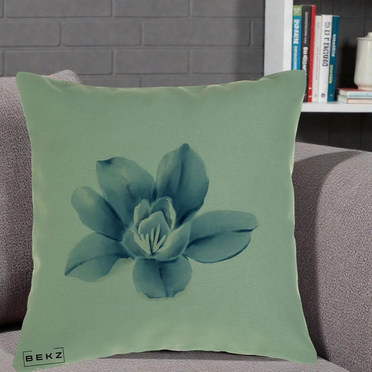Perna Decorativa Magnolie Albastra Acuarela, 40x40 cm, Verde, Husa Detasabila, Perna, BEKZ®