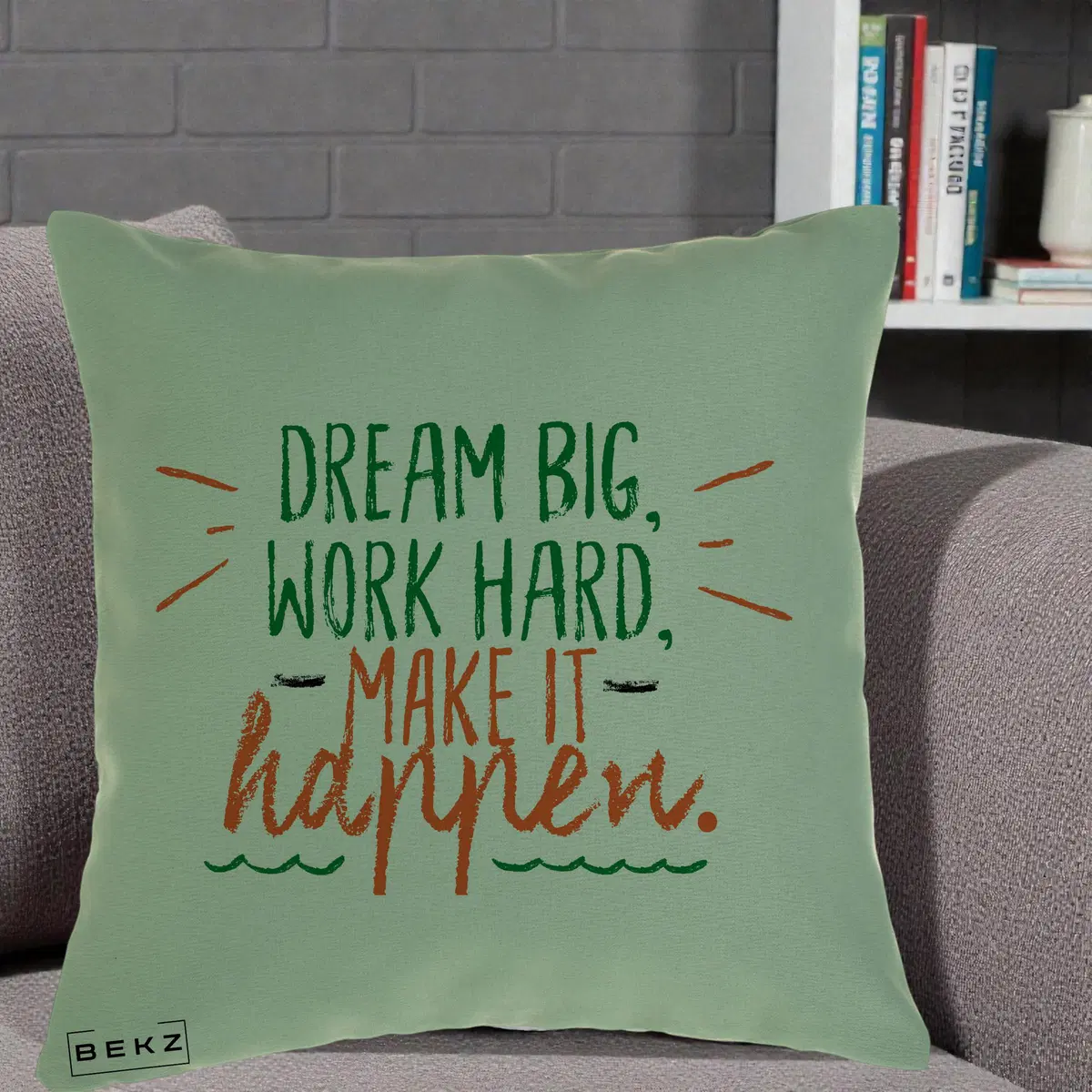 Perna Decorativa Dream Big Work Hard Mesaj Motivational, 40x40 cm, Verde, Husa Detasabila, Perna, BEKZ®