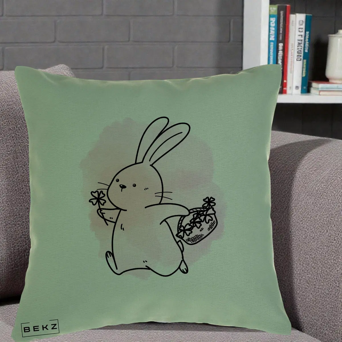 Perna Decorativa Iepuras Kawaii cu Cosulet Floral, 40x40 cm, Verde, Husa Detasabila, Perna, BEKZ®
