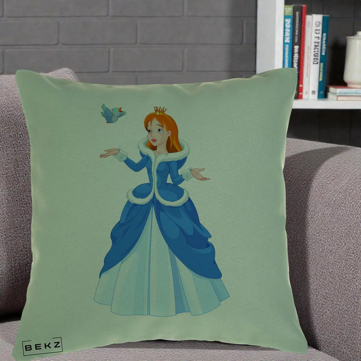 Perna Decorativa Printesa Albastra cu Pasare, 40x40 cm, Verde, Husa Detasabila, Perna, BEKZ®
