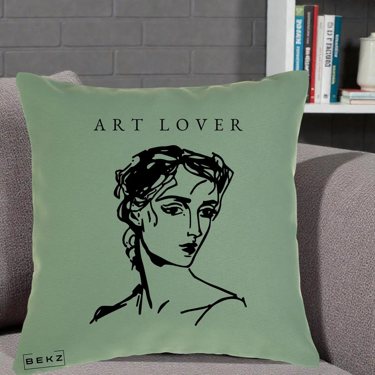 Perna Decorativa Art Lover Portret Grafic, 40x40 cm, Verde, Husa Detasabila, Perna, BEKZ®