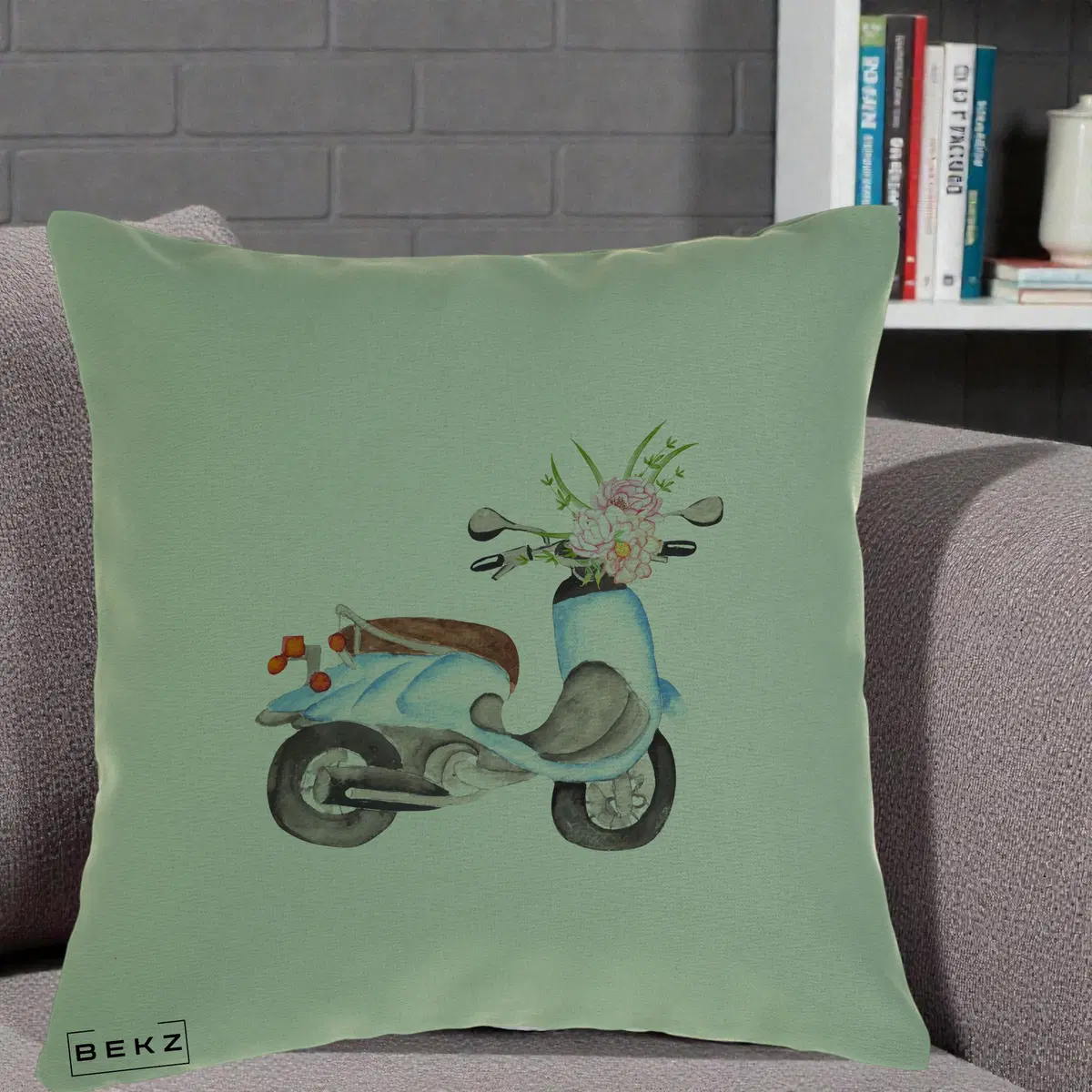 Perna Decorativa Scuter Albastru cu Flori Acuarela, 40x40 cm, Verde, Husa Detasabila, Perna, BEKZ®