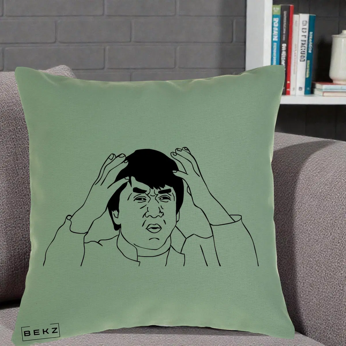 Perna Decorativa Jackie Chan WTF, 40x40 cm, Verde, Husa Detasabila, Perna, BEKZ®