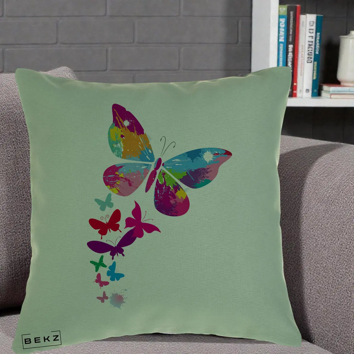Perna Decorativa Fluturi Splash, 40x40 cm, Verde, Husa Detasabila, Perna, BEKZ®