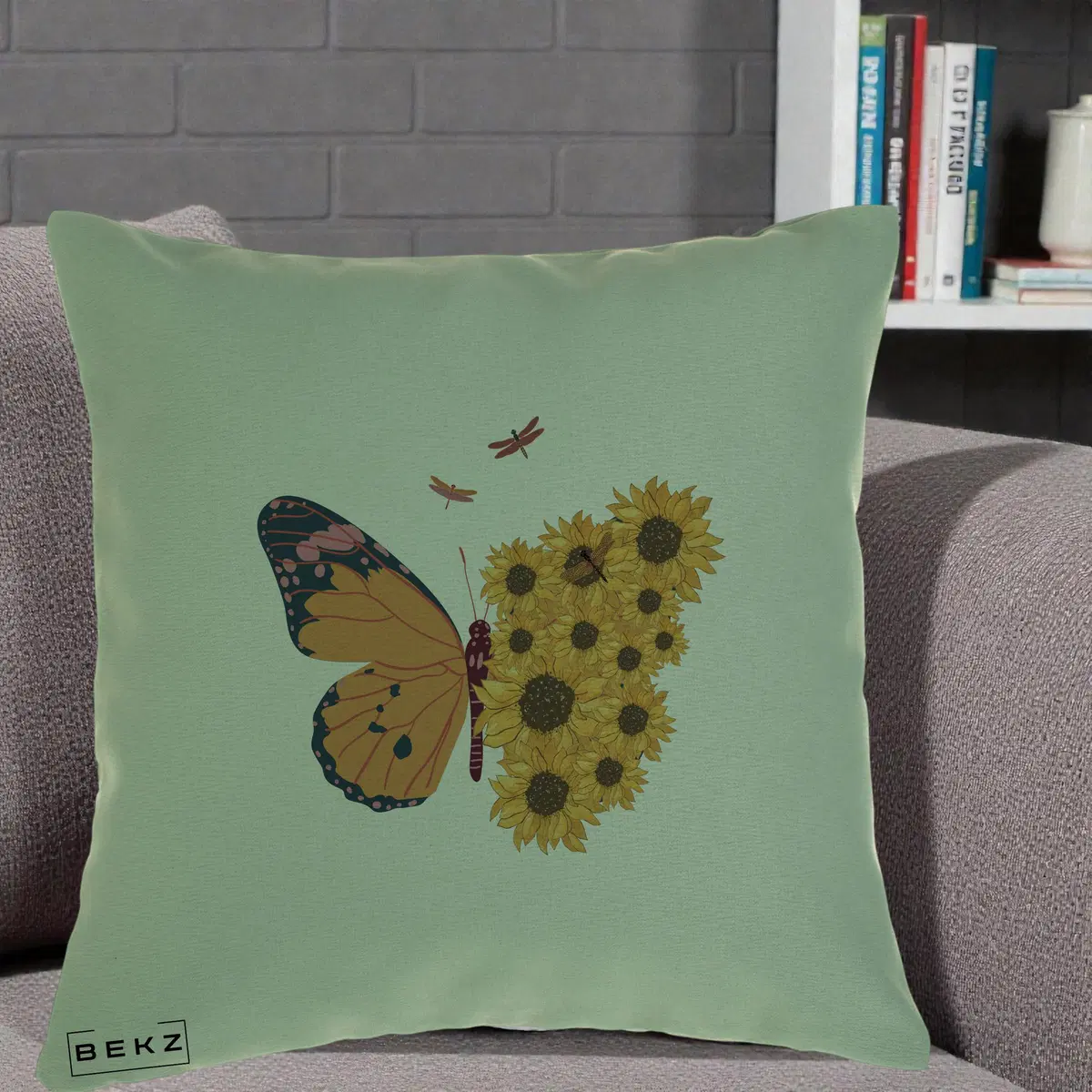 Perna Decorativa Fluture Floarea-Soarelui, 40x40 cm, Verde, Husa Detasabila, Perna, BEKZ®