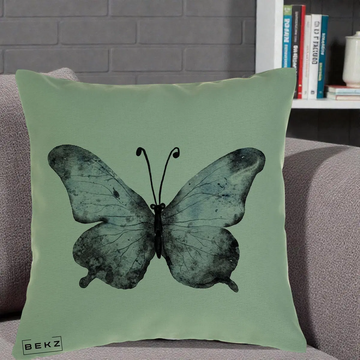 Perna Decorativa Fluture Acuarela Albastru-Gri, 40x40 cm, Verde, Husa Detasabila, Perna, BEKZ®