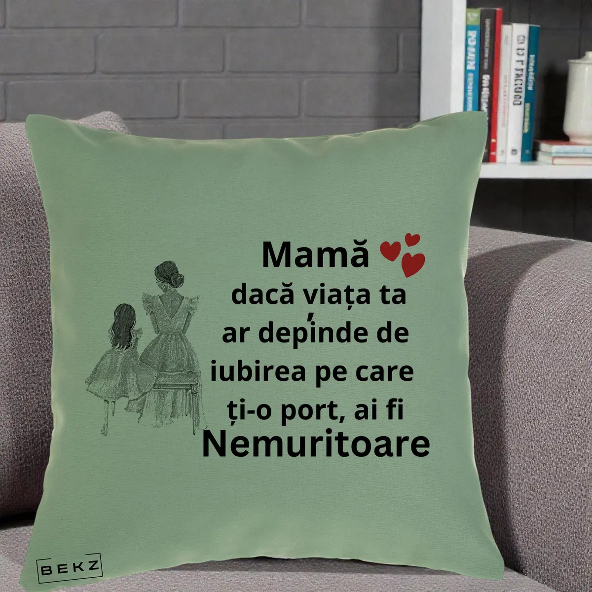 Perna Decorativa Mama Nemuritoare Line Art, 40x40 cm, Verde, Husa Detasabila, Perna, BEKZ®