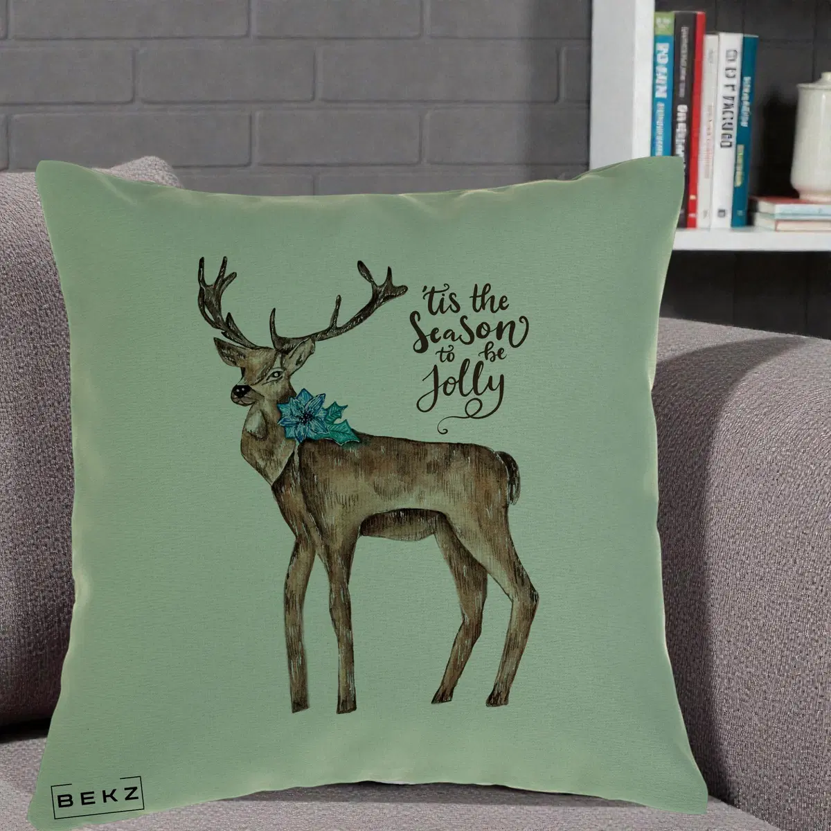 Perna Decorativa Ren Tis the Season to be Jolly, 40x40 cm, Verde, Husa Detasabila, Perna, BEKZ®