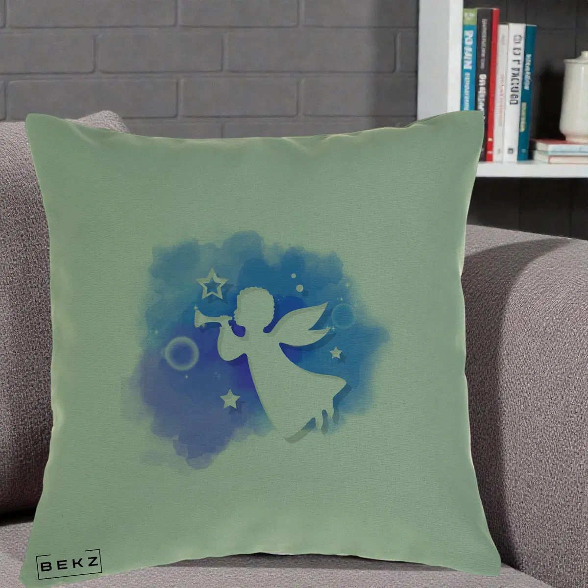 Perna Decorativa Inger cu Trompeta Albastru, 40x40 cm, Verde, Husa Detasabila, Perna, BEKZ®