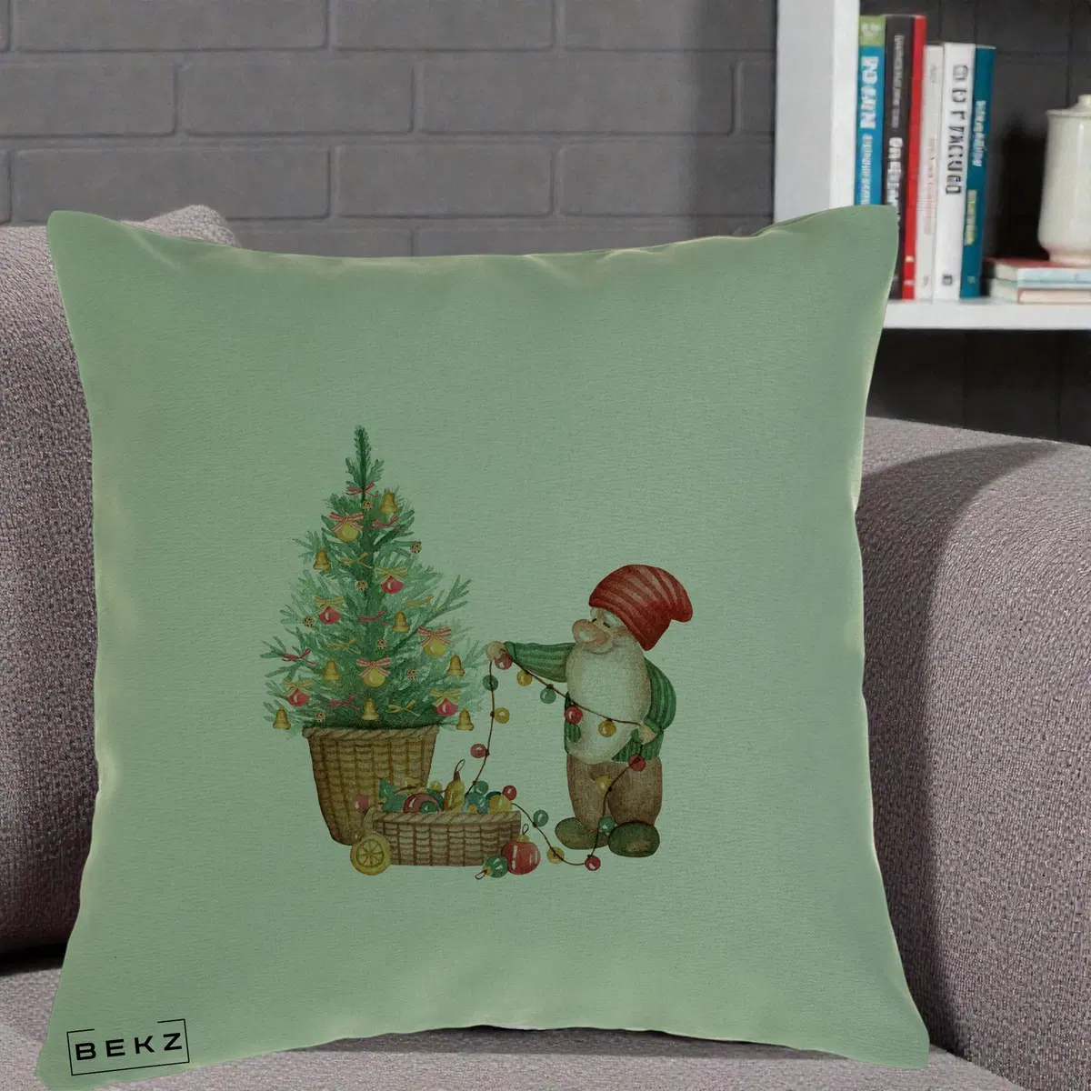 Perna Decorativa Pitic de Craciun cu Brad, 40x40 cm, Verde, Husa Detasabila, Perna, BEKZ®