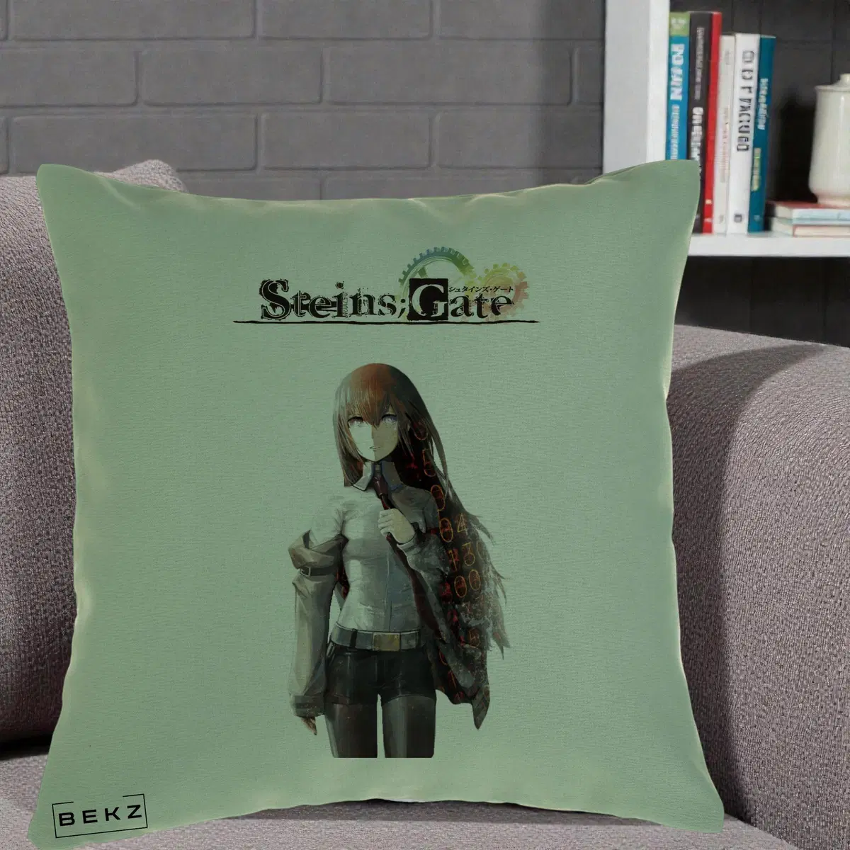 Perna Decorativa Steins Gate Kurisu Makise Anime, 40x40 cm, Verde, Husa Detasabila, Perna, BEKZ®
