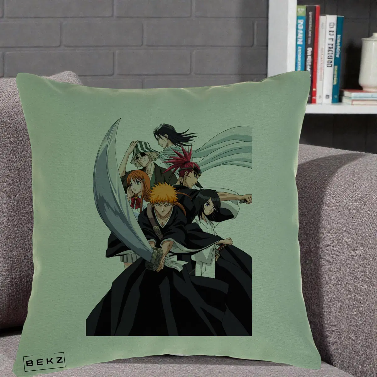 Perna Decorativa Bleach Grup Complet Ichigo si Prietenii, 40x40 cm, Verde, Husa Detasabila, Perna, BEKZ®