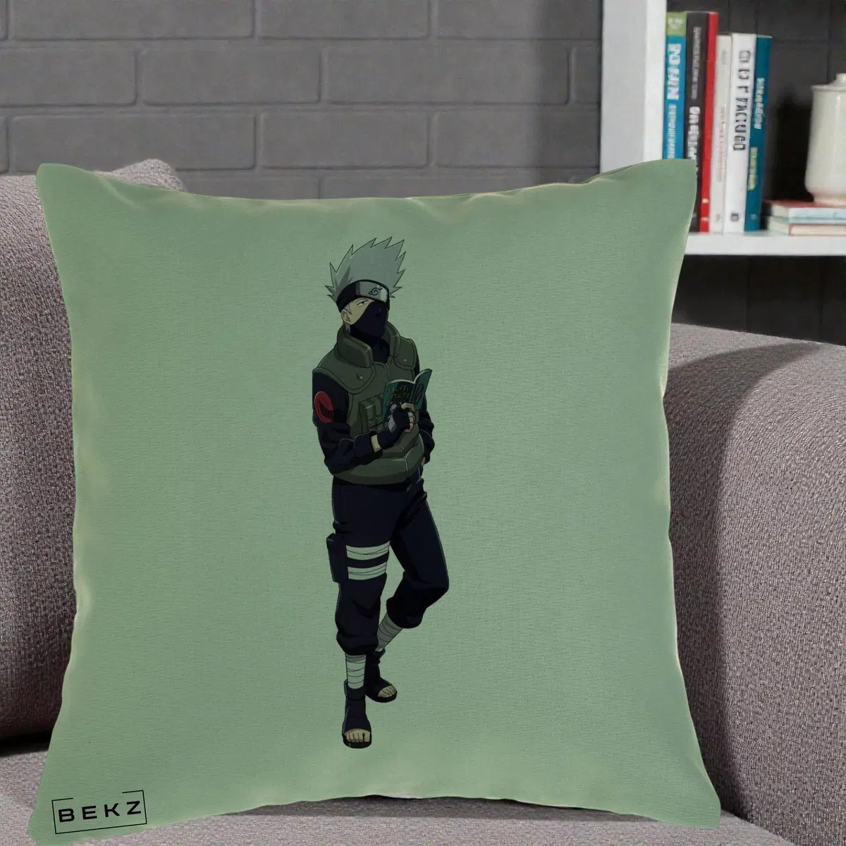 Perna Decorativa Naruto Kakashi Hatake Portret Complet, 40x40 cm, Verde, Husa Detasabila, Perna, BEKZ®