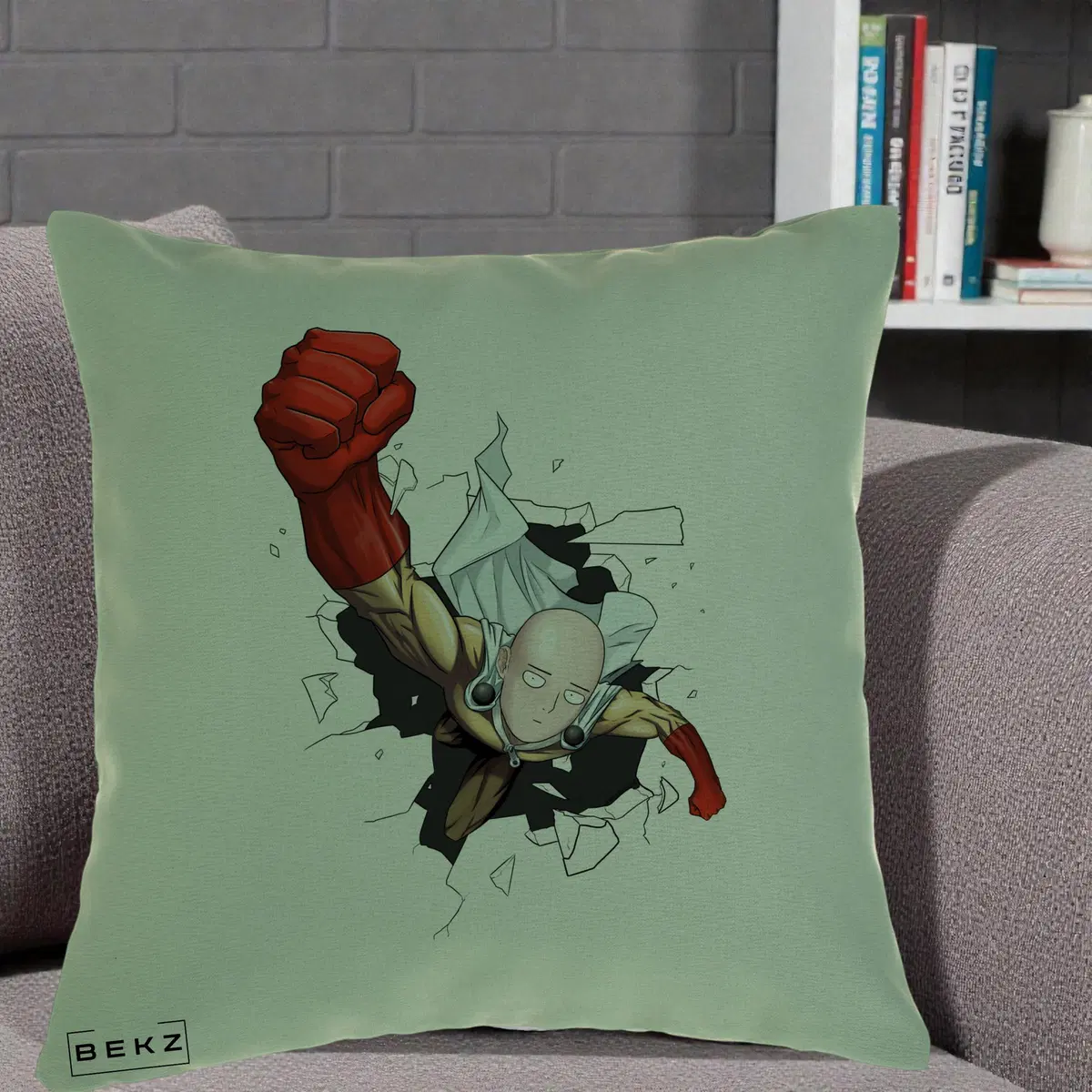 Perna Decorativa One Punch Man Saitama Pumn, 40x40 cm, Verde, Husa Detasabila, Perna, BEKZ®