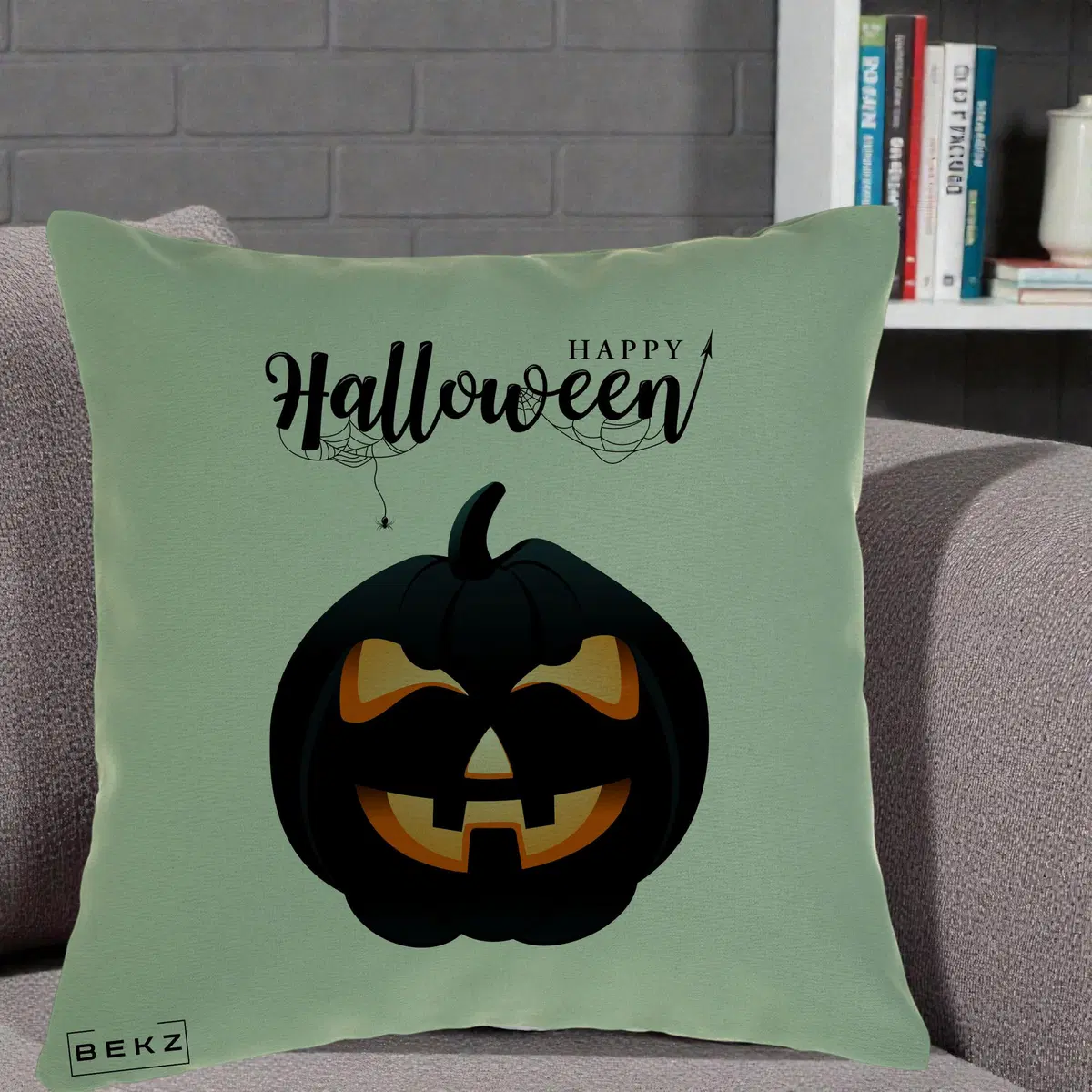 Perna Decorativa Happy Halloween Dovleac Negru cu Paianjen, 40x40 cm, Verde, Husa Detasabila, Perna, BEKZ®