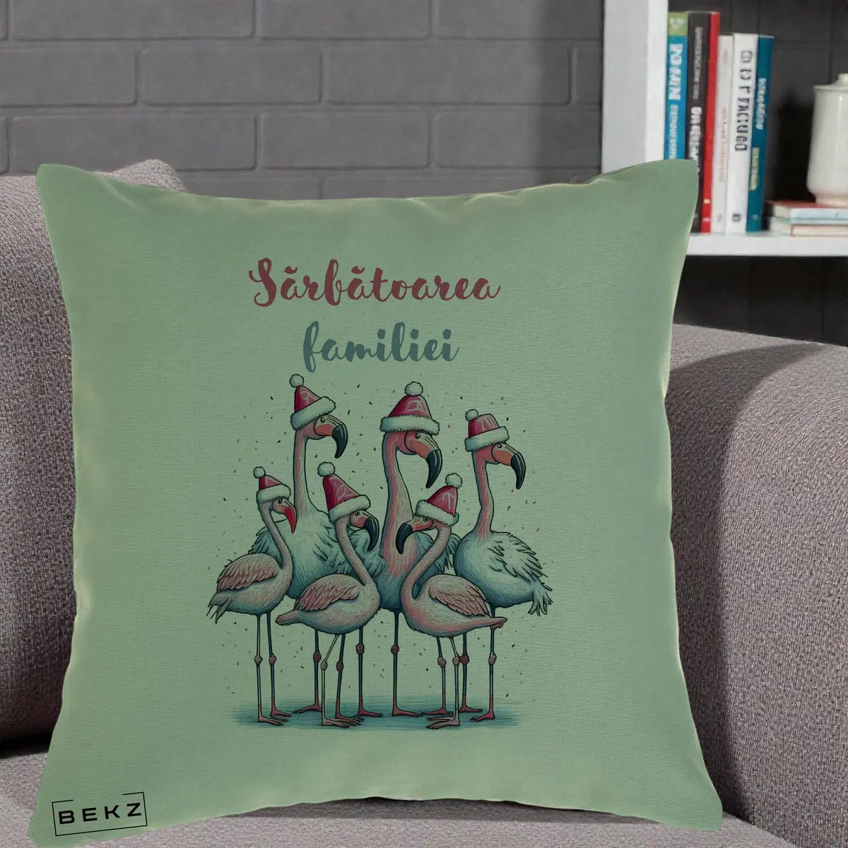 Perna Decorativa Flamingo Craciun Sarbatoarea Familiei, 40x40 cm, Verde, Husa Detasabila, Perna, BEKZ®