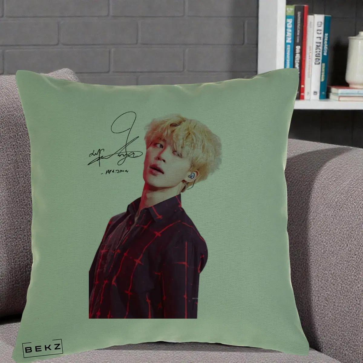 Perna Decorativa BTS Jimin Portret Artistic par Blond Autograf, 40x40 cm, Verde, Husa Detasabila, Perna, BEKZ®