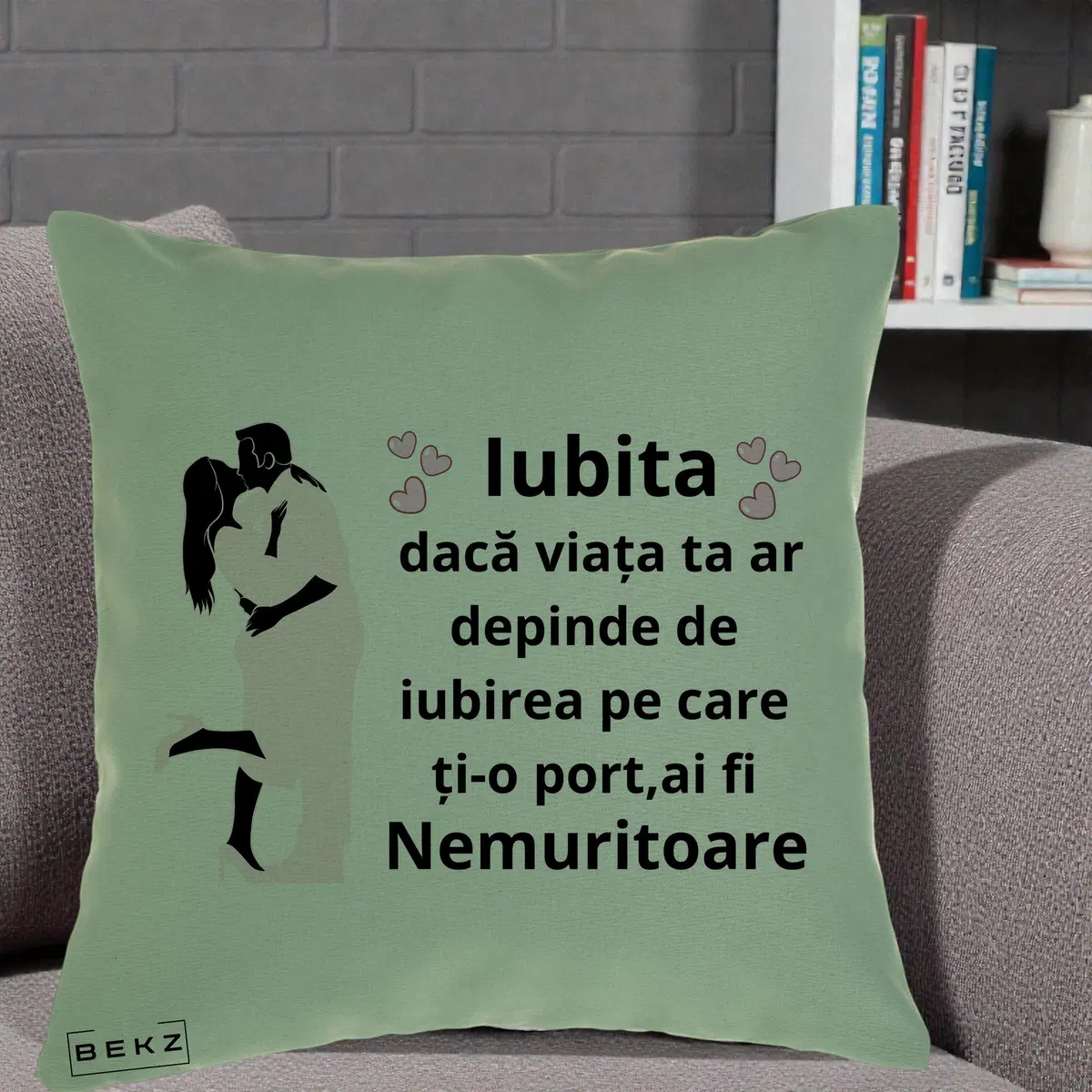Perna Decorativa Iubita Nemuritoare cu Cuplu Acuarela Roz si Inimi, 40x40 cm, Verde, Husa Detasabila, Perna, BEKZ®