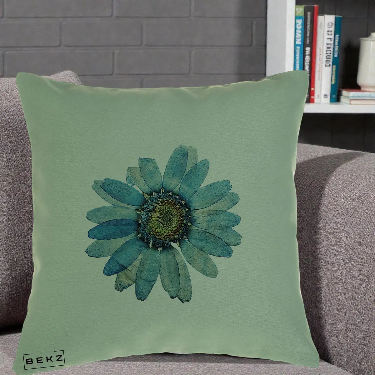 Perna Decorativa Floare Gerbera Teal Acuarela, 40x40 cm, Verde, Husa Detasabila, Perna, BEKZ®