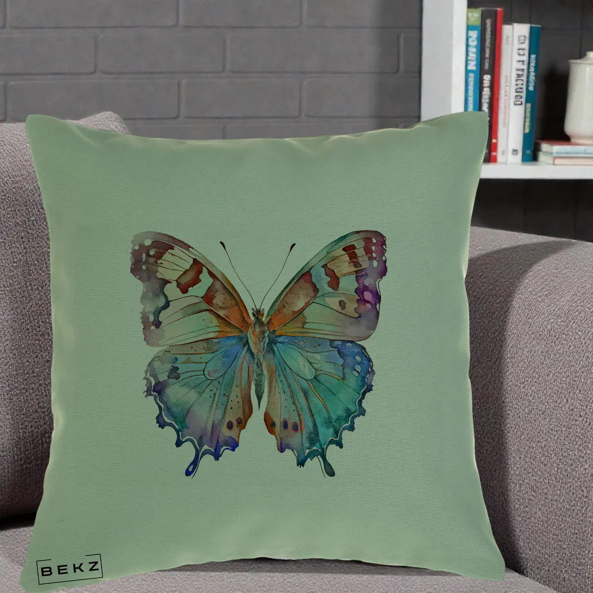 Perna Decorativa Pasare Martin Pescar Acuarela Albastru-Mov, 40x40 cm, Verde, Husa Detasabila, Perna, BEKZ®