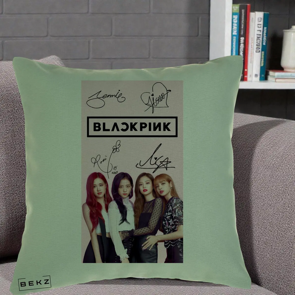 Perna Decorativa BLACKPINK Semnaturi si Foto, 40x40 cm, Verde, Husa Detasabila, Perna, BEKZ®