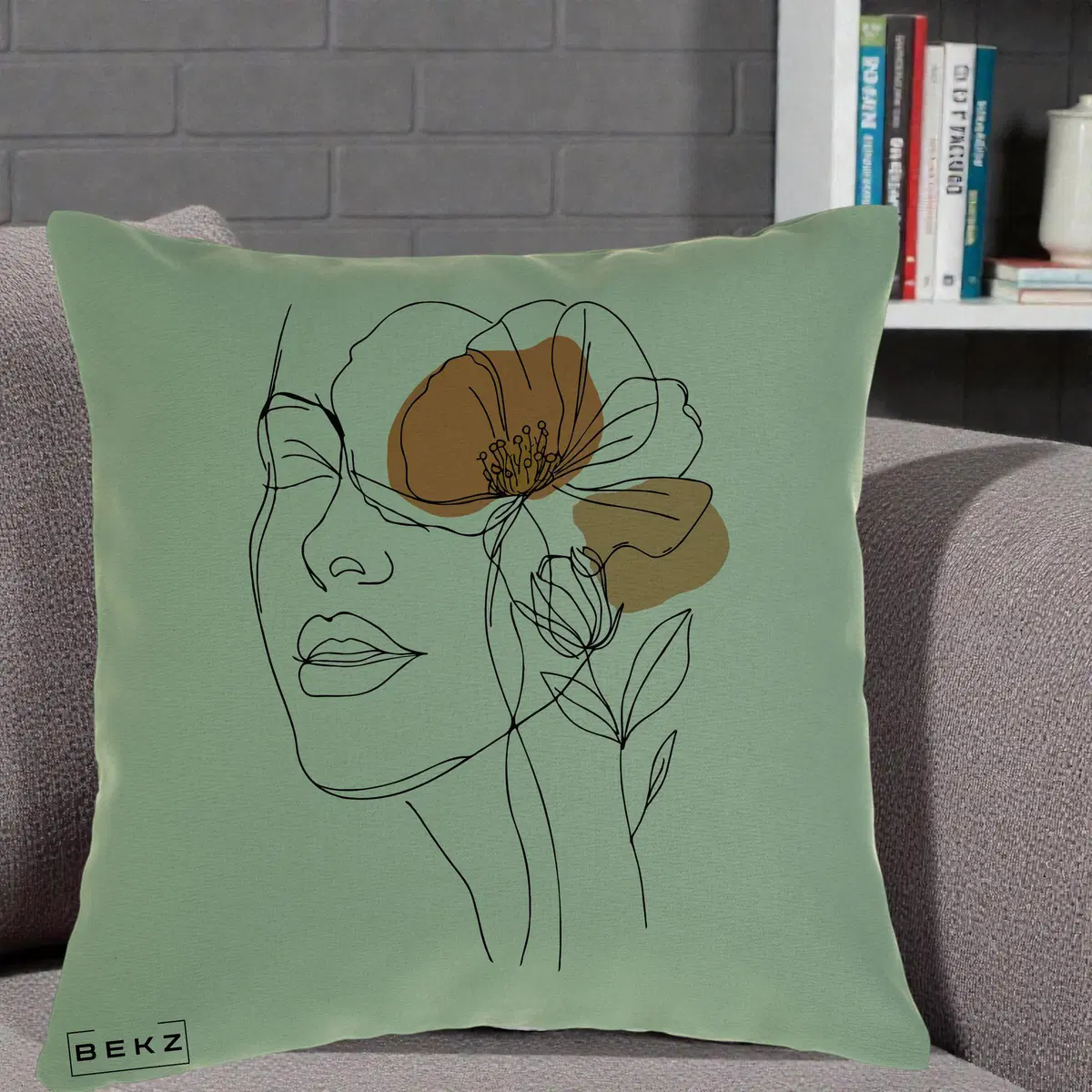 Perna Decorativa Portret Feminin Mac Profilat, 40x40 cm, Verde, Husa Detasabila, Perna, BEKZ®