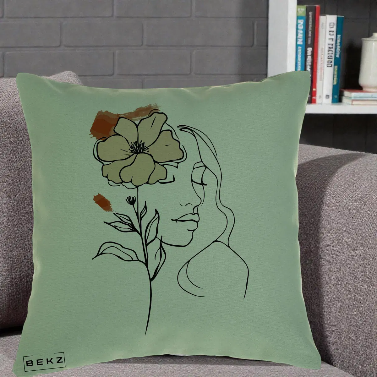 Perna Decorativa Portret Feminin Floare Bej Terracotta, 40x40 cm, Verde, Husa Detasabila, Perna, BEKZ®