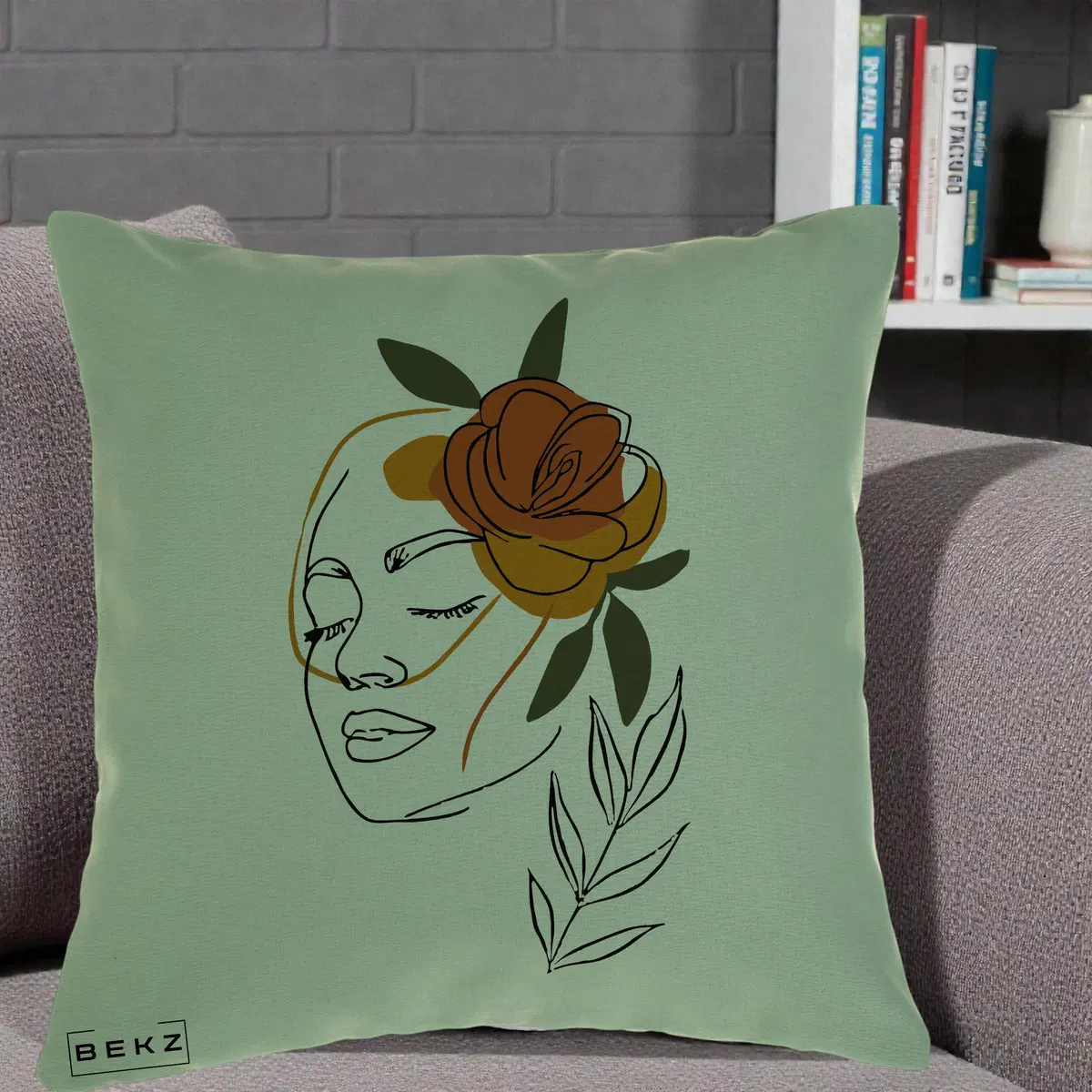 Perna Decorativa Portret Feminin Trandafir Ruginiu, 40x40 cm, Verde, Husa Detasabila, Perna, BEKZ®