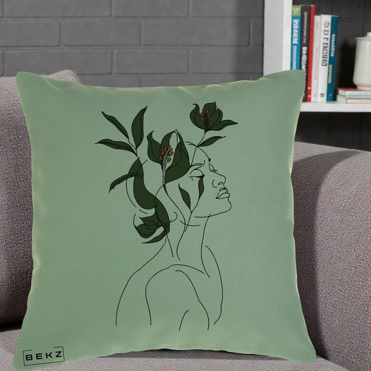 Perna Decorativa Portret Feminin Crin Verde, 40x40 cm, Verde, Husa Detasabila, Perna, BEKZ®