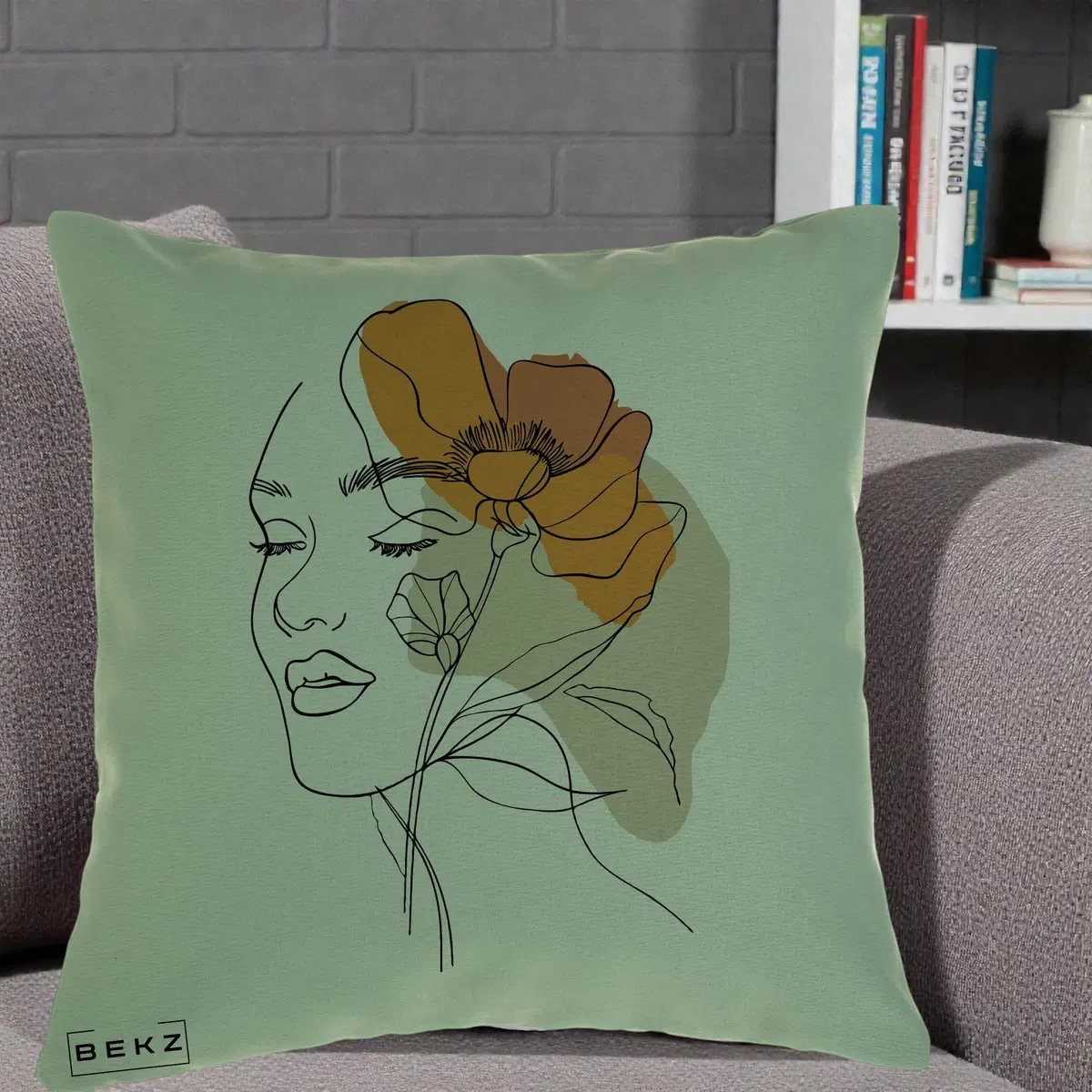 Perna Decorativa Portret Feminin Mac Mare Portocaliu, 40x40 cm, Verde, Husa Detasabila, Perna, BEKZ®