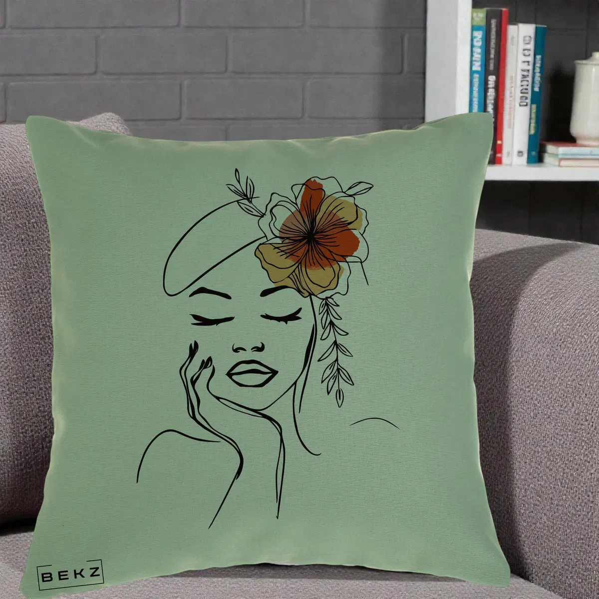 Perna Decorativa Portret Feminin Flori Palarie, 40x40 cm, Verde, Husa Detasabila, Perna, BEKZ®