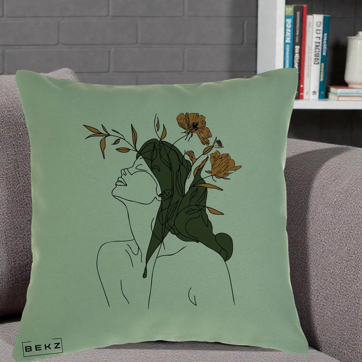 Perna Decorativa Portret Feminin Profil Flori Portocalii, 40x40 cm, Verde, Husa Detasabila, Perna, BEKZ®