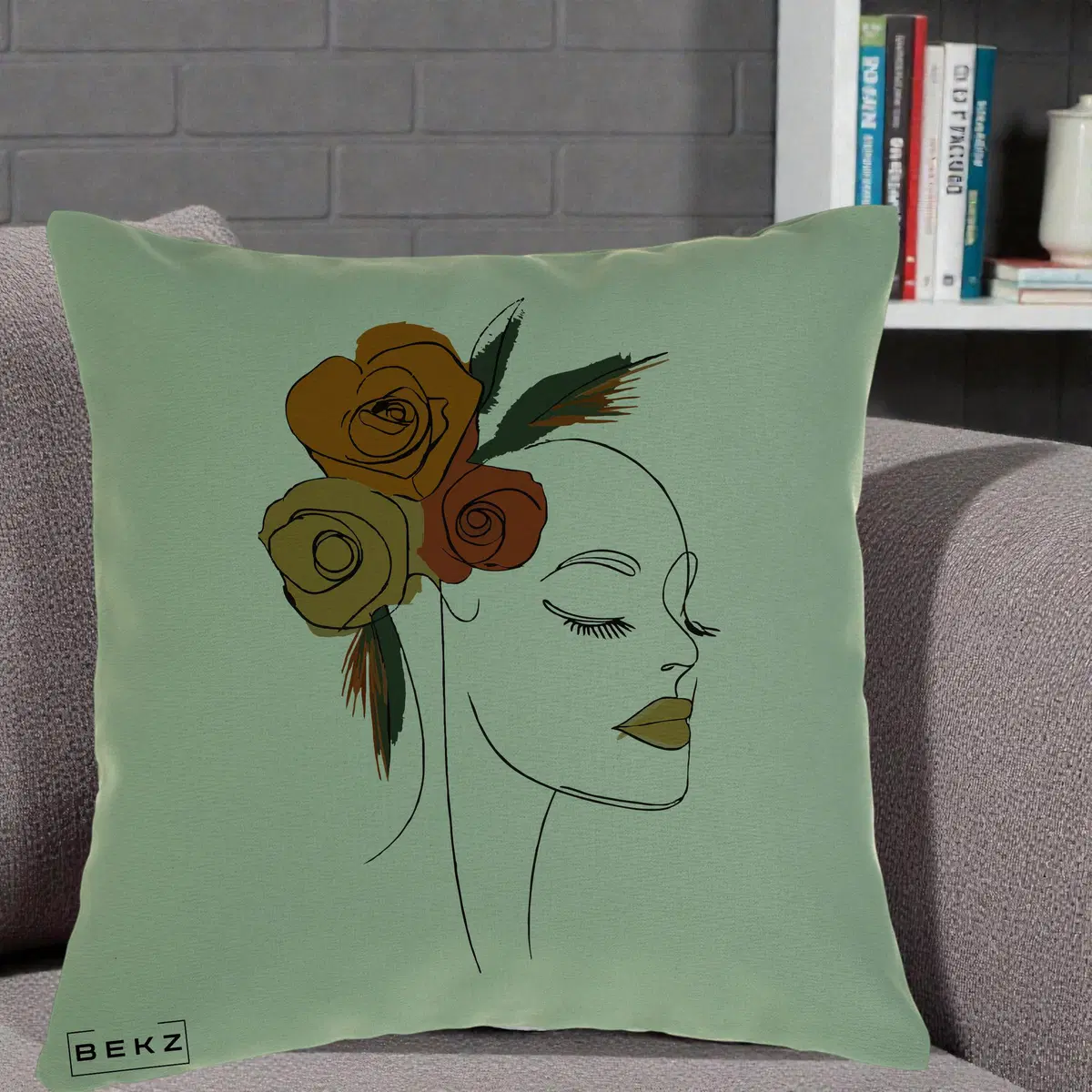 Perna Decorativa Portret Feminin Trandafiri Ruginii, 40x40 cm, Verde, Husa Detasabila, Perna, BEKZ®