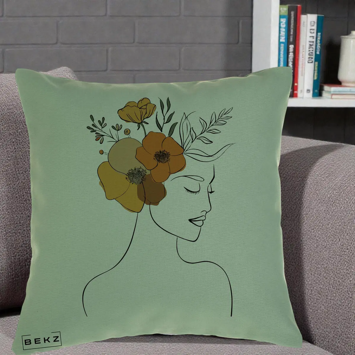 Perna Decorativa Portret Feminin Flori Galbene-Portocalii, 40x40 cm, Verde, Husa Detasabila, Perna, BEKZ®
