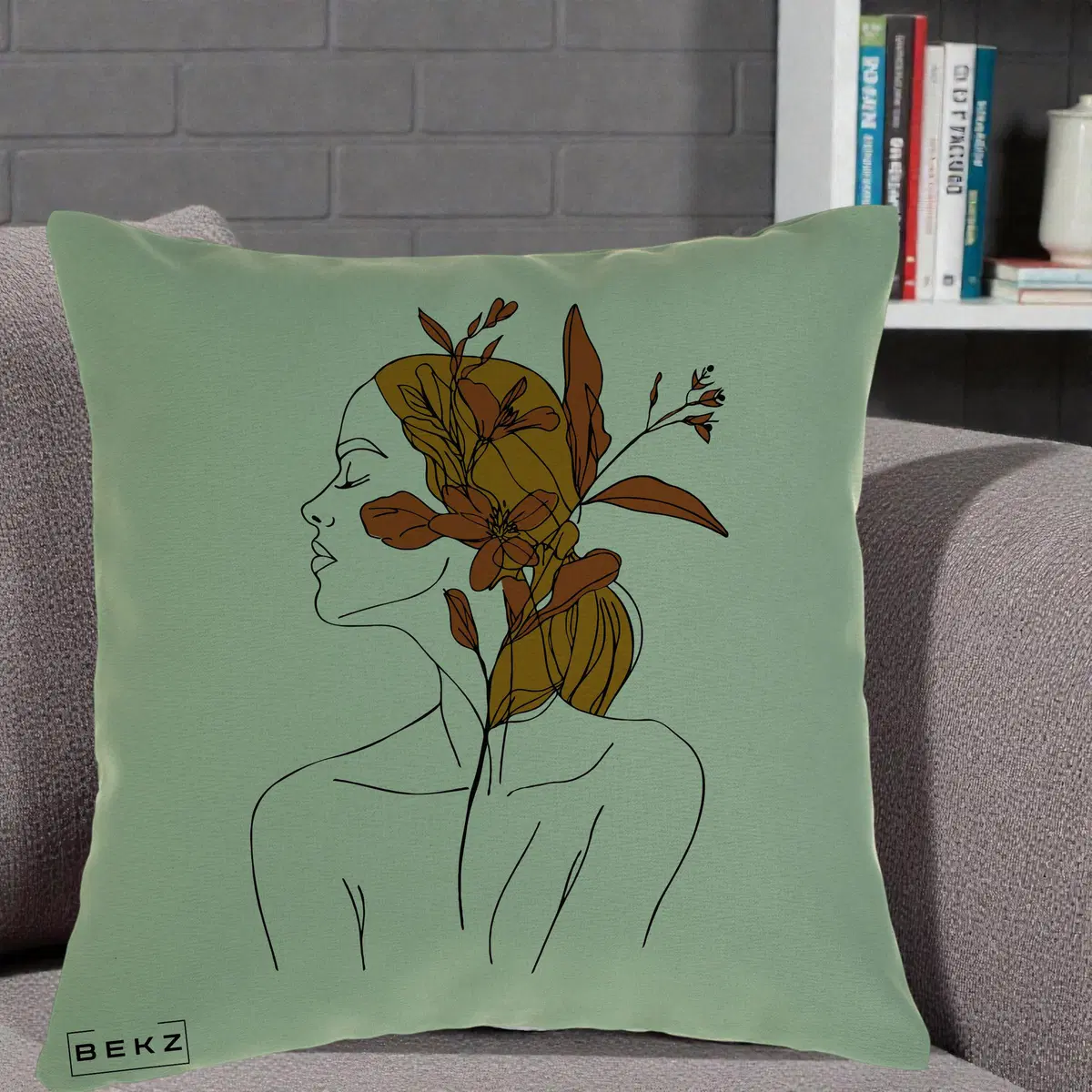Perna Decorativa Portret Feminin Crin Ruginiu Auriu, 40x40 cm, Verde, Husa Detasabila, Perna, BEKZ®