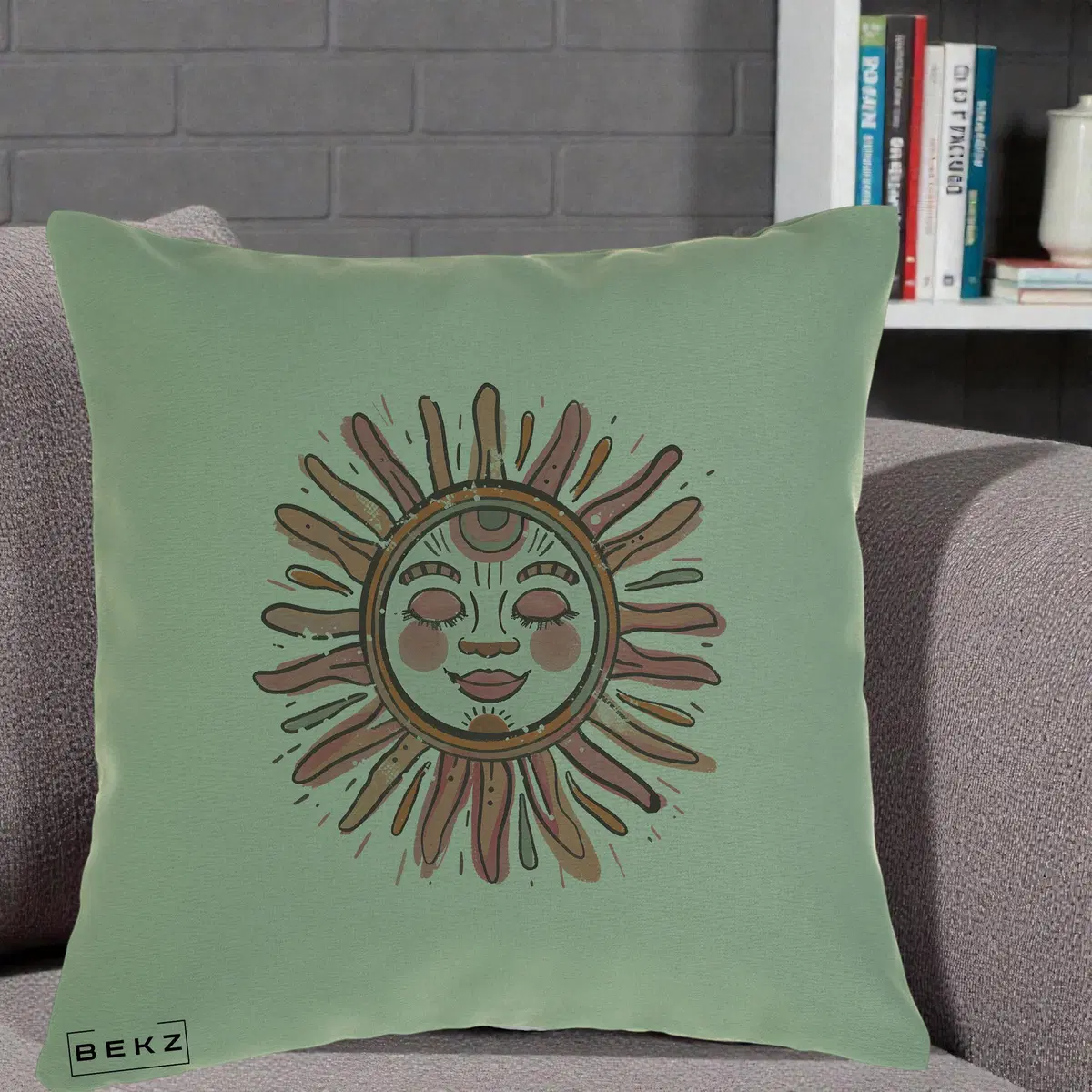 Perna Decorativa Soare Roz Tribal, 40x40 cm, Verde, Husa Detasabila, Perna, BEKZ®