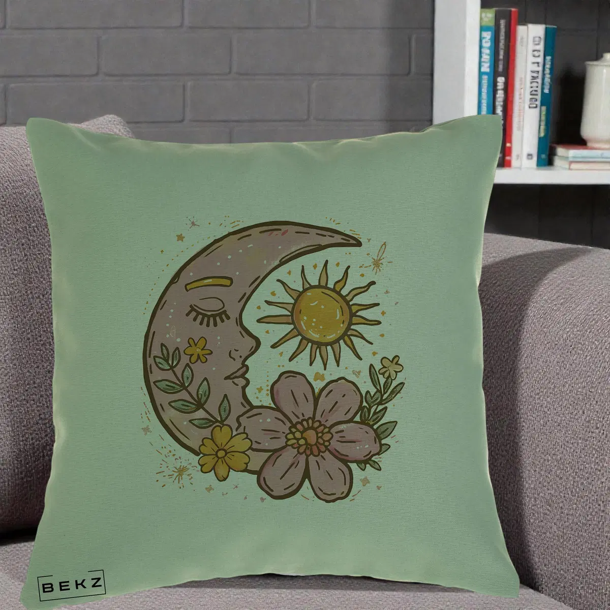 Perna Decorativa Luna si Soare Floral Boho, 40x40 cm, Verde, Husa Detasabila, Perna, BEKZ®