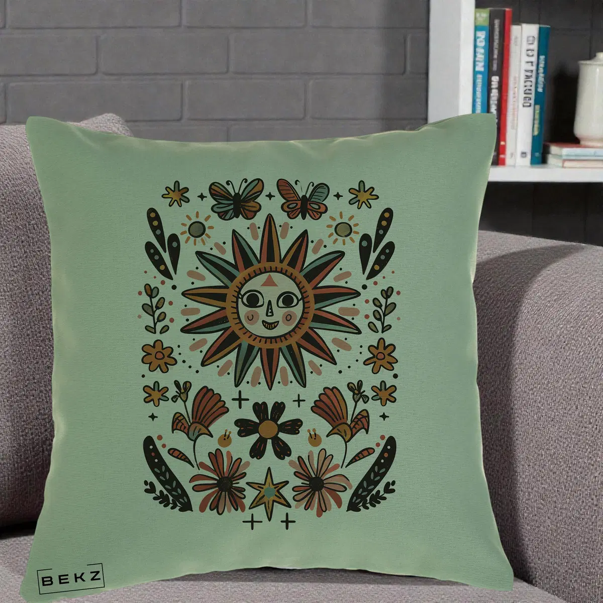 Perna Decorativa Soare Boho Folk Fluturi, 40x40 cm, Verde, Husa Detasabila, Perna, BEKZ®