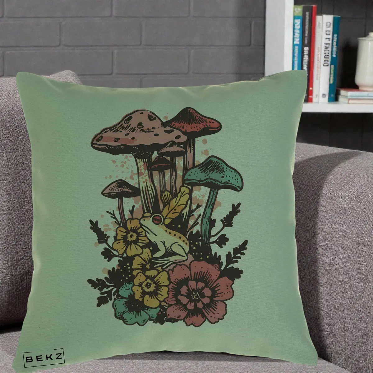 Perna Decorativa Ciuperci si Broaste Boho, 40x40 cm, Verde, Husa Detasabila, Perna, BEKZ®