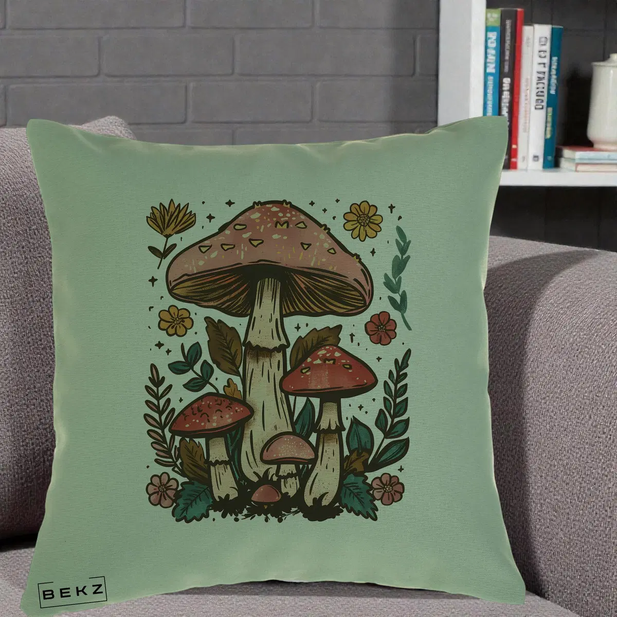 Perna Decorativa Ciuperci Vintage Floral, 40x40 cm, Verde, Husa Detasabila, Perna, BEKZ®
