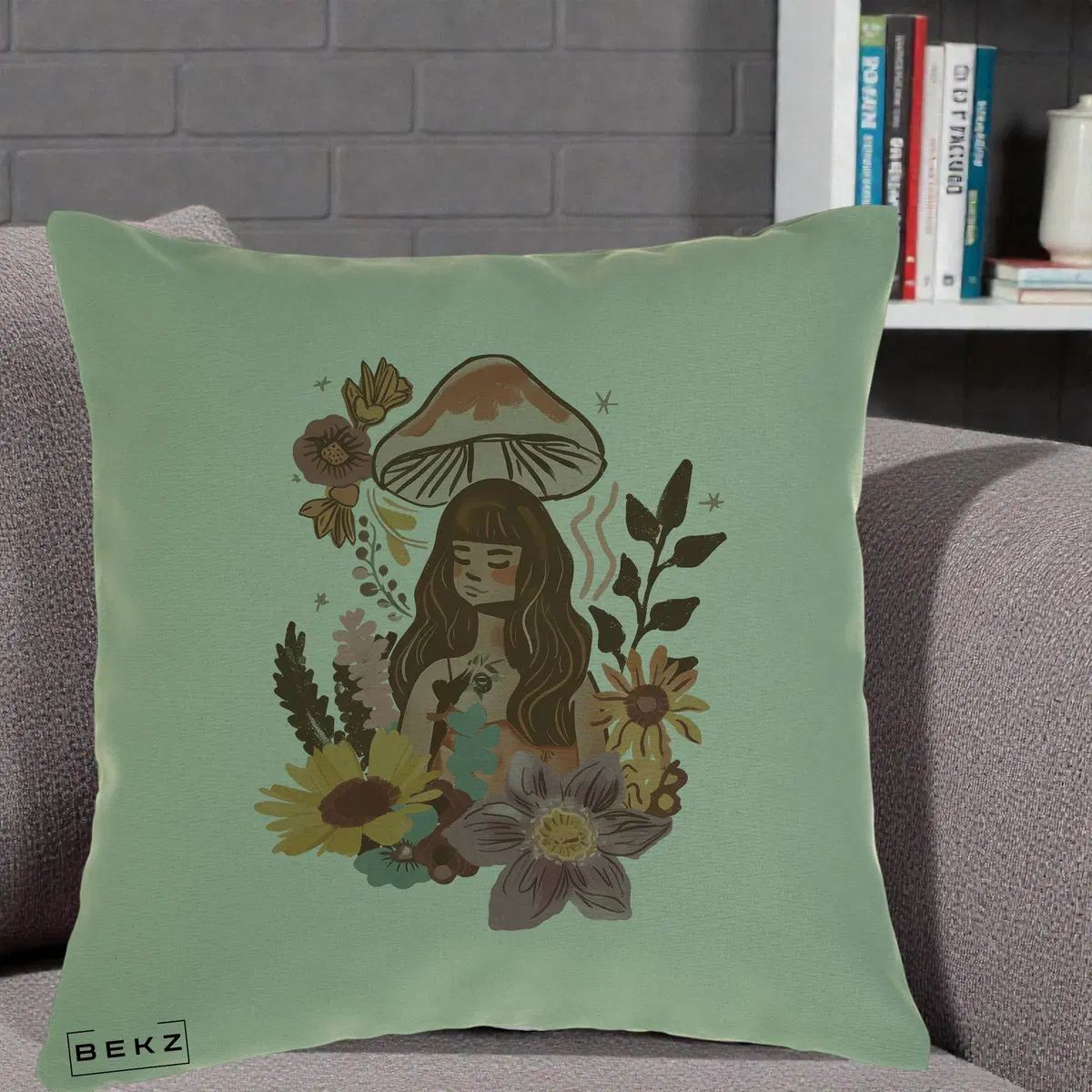 Perna Decorativa Fata Ciuperca Boho Florala, 40x40 cm, Verde, Husa Detasabila, Perna, BEKZ®
