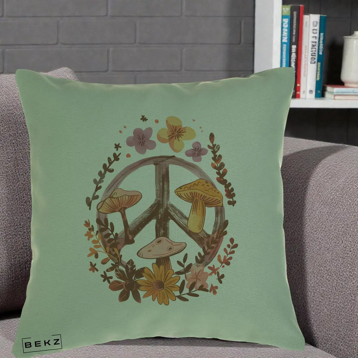 Perna Decorativa Peace Sign Ciuperci Floral, 40x40 cm, Verde, Husa Detasabila, Perna, BEKZ®