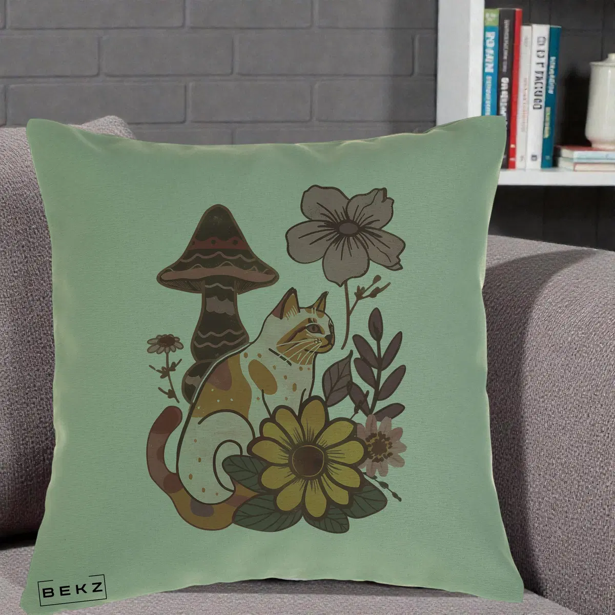 Perna Decorativa Pisica Vintage Florala Boho, 40x40 cm, Verde, Husa Detasabila, Perna, BEKZ®