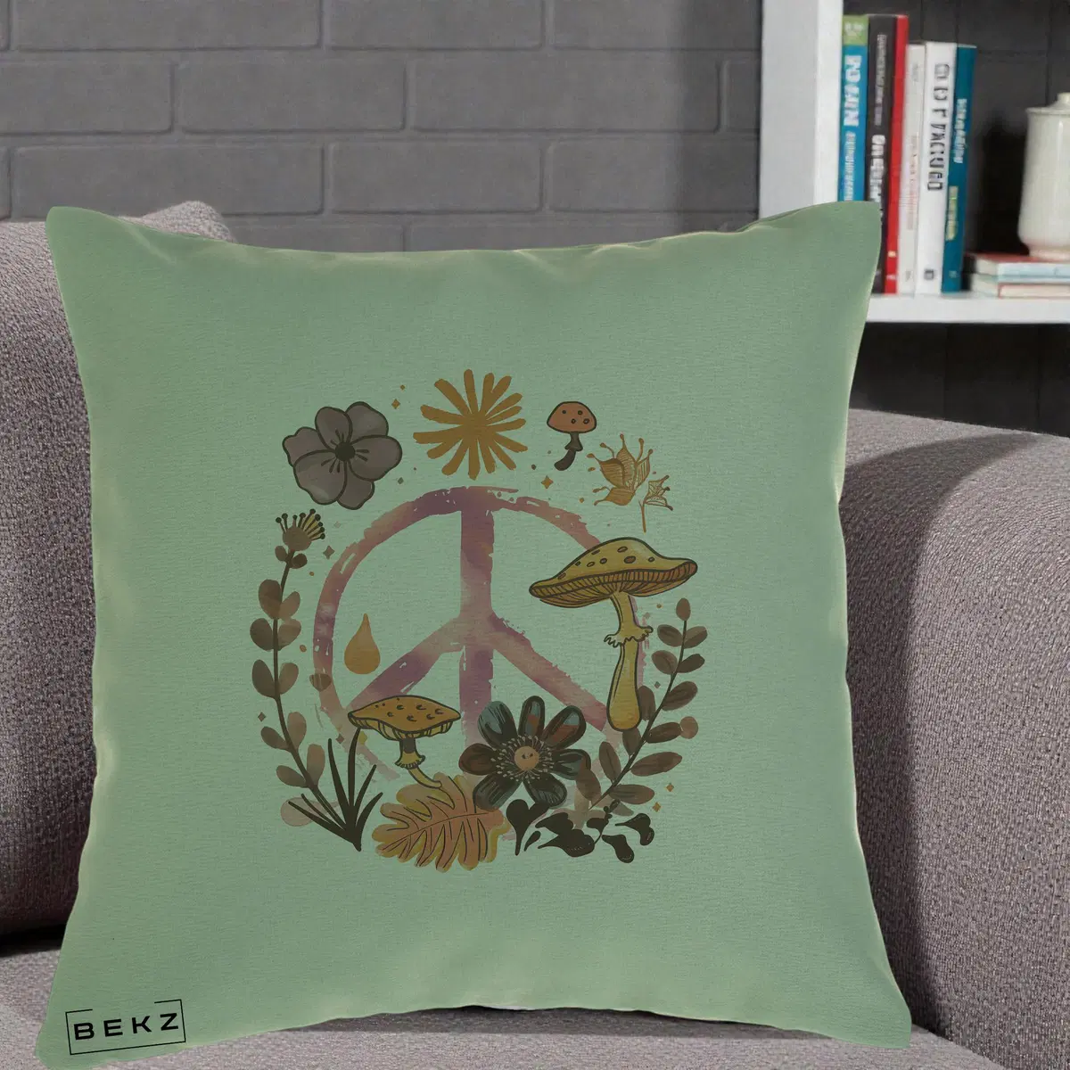 Perna Decorativa Peace Ciuperci Boho, 40x40 cm, Verde, Husa Detasabila, Perna, BEKZ®