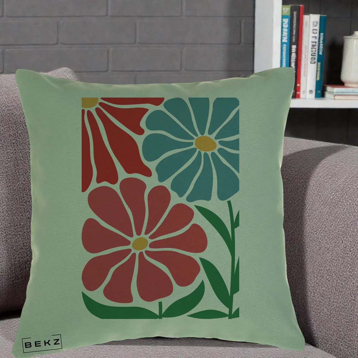 Perna Decorativa Flori Grafice Rosu-Albastru, 40x40 cm, Verde, Husa Detasabila, Perna, BEKZ®